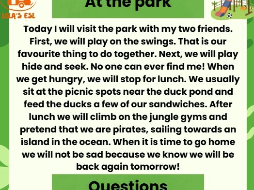 At the Park Reading Comprehension | Beginner ESL Worksheet