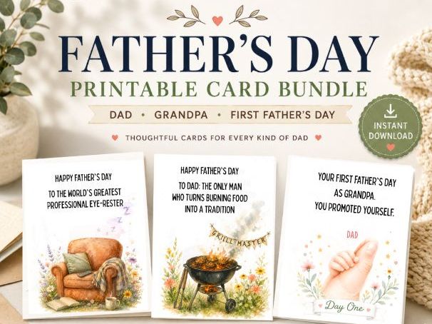 Father's Day Printable Card Bundle | 10 Funny Foldable Cards for Dad, Grandpa & First Father's Day |