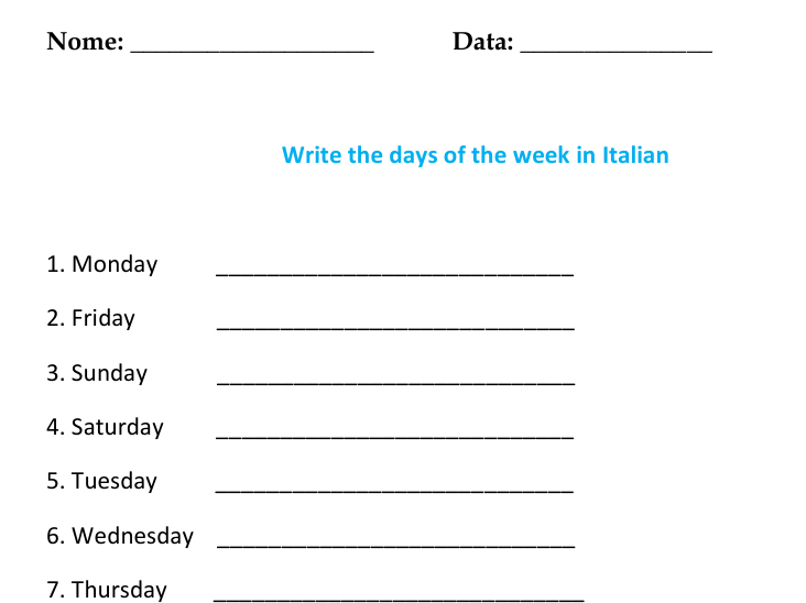 Days of the Week in Italian Worksheets