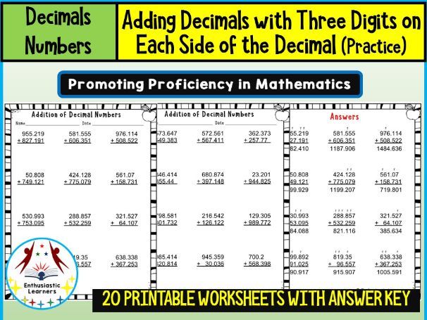 Adding Decimals Worksheets (Up to Thousandths Place) Math Problems