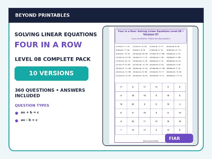 Solving Linear Equations Four in a Row | Mixed Positive Two-Step Equations : Level 08 | 10-Version M