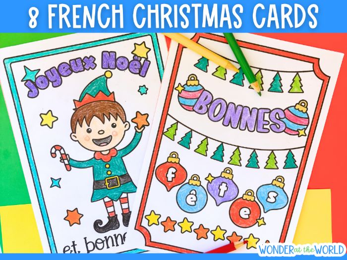 French Christmas cards - 8 designs to print colour and write cartes de Noël KS2 KS3