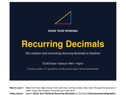 Recurring Decimals GCSE Maths Revision Pack | Edexcel Higher | Worked Answers