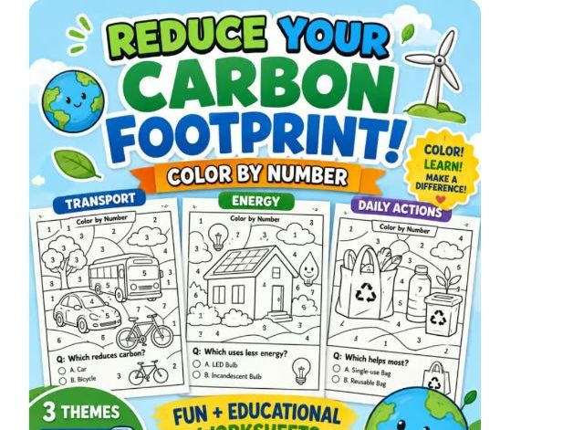 Reduce Your Carbon Footprint! Color by Number + QUESTIONS (K-grade 3)