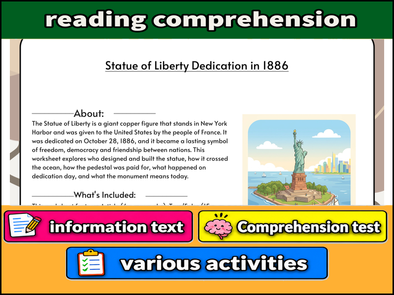 Statue of Liberty Dedication in 1886  & Comprehension Test