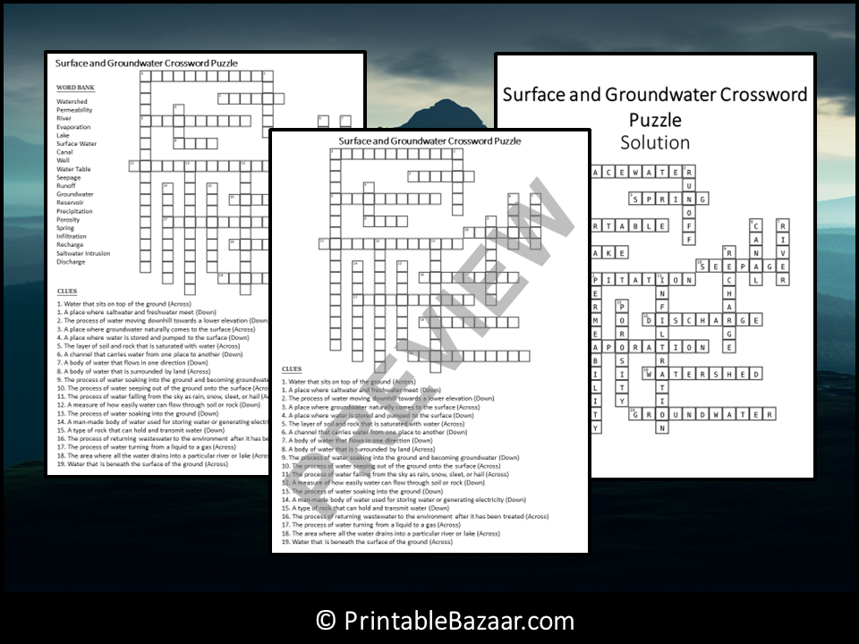 Surface and Groundwater Crossword Puzzle Worksheet Activity Teaching