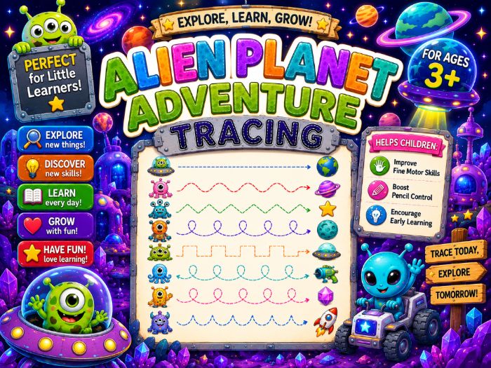 Alien Planet Tracing Worksheets | Pre-Writing Fine Motor Activities | Preschool–Grade 1