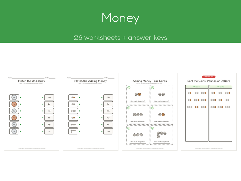 Money | 26 No-Prep Worksheets + Answer Keys | Ages 5-7