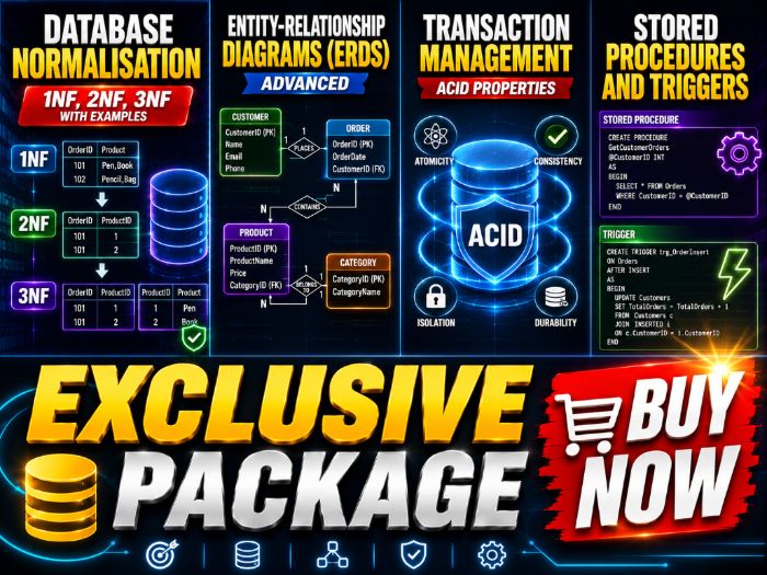 Database normalisation (1NF, 2NF, 3NF) Entity-relationship diagrams - Transaction management, ACID