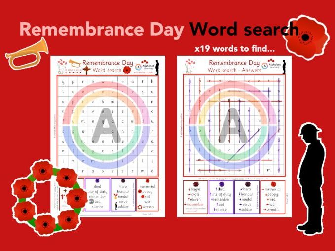 Wordsearch - Remembrance Day, x19 words to find