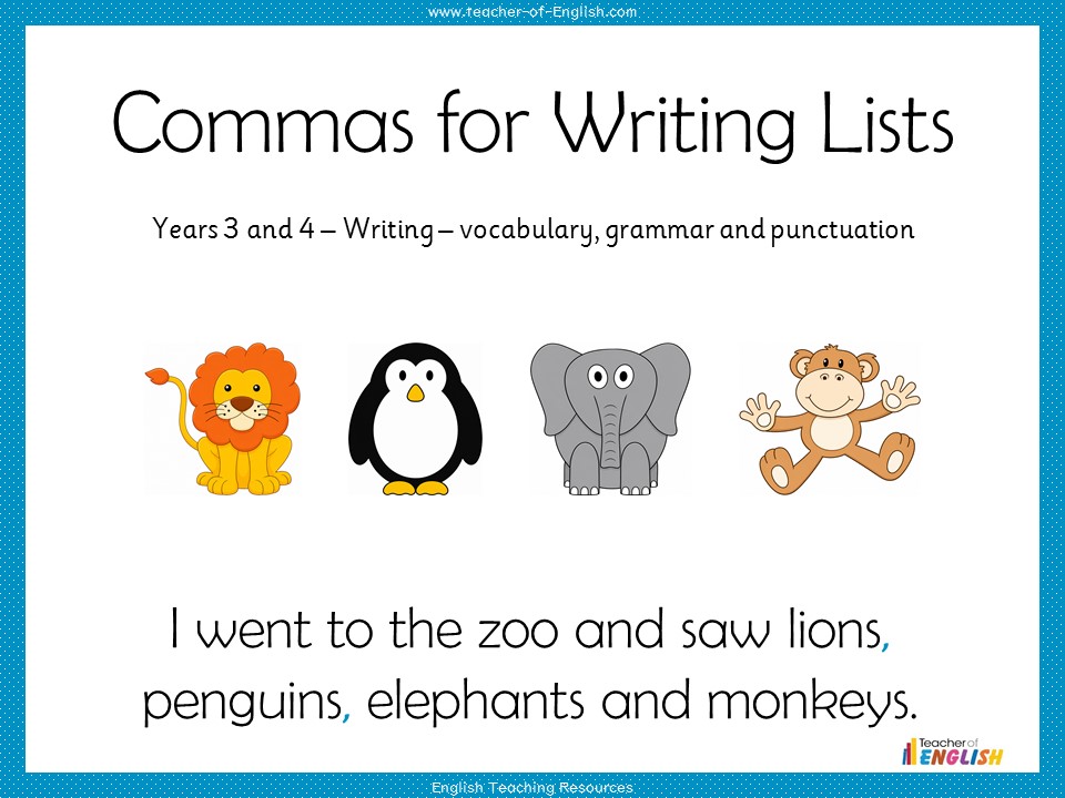 Commas for Writing Lists - Years 3 and 4 Punctuation