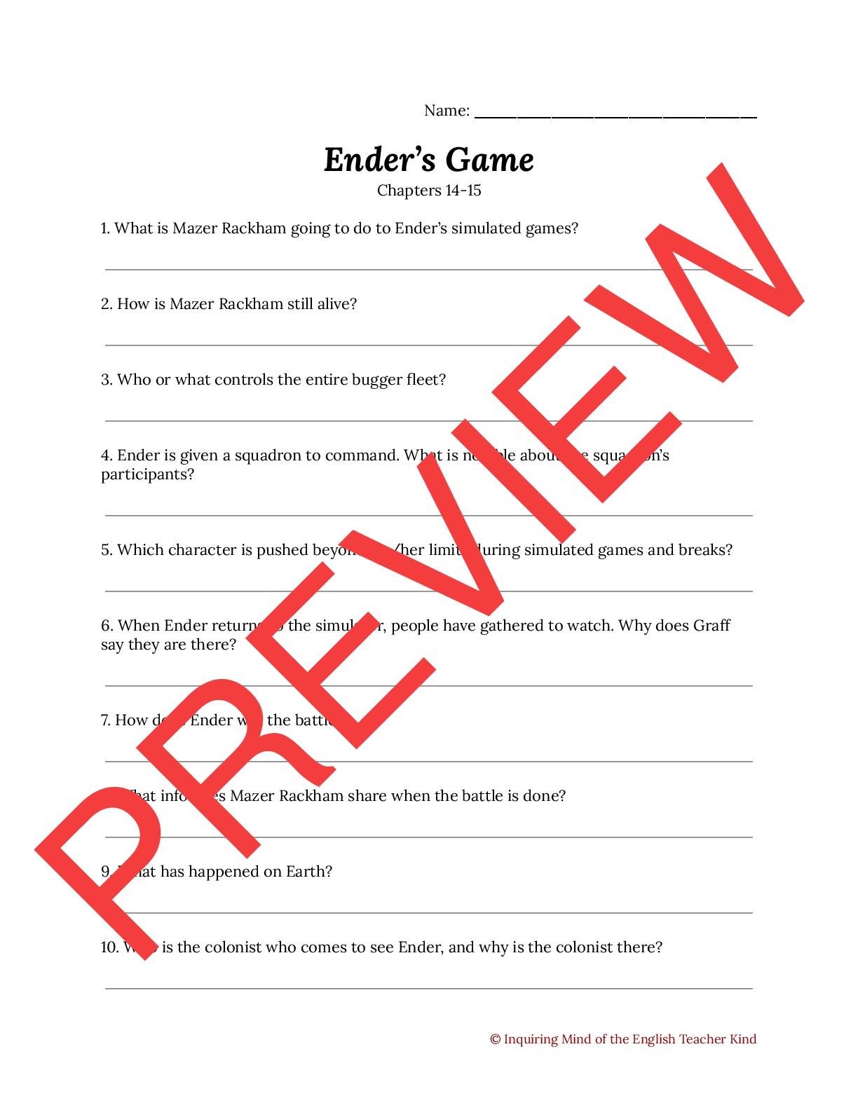 Ender's Game Quiz on Chapters 14-15 | Teaching Resources