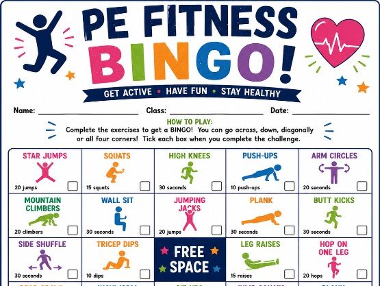 PE Fitness Bingo | Indoor PE Activity | No Equipment Fitness Challenge | PE Worksheet | KS1/2