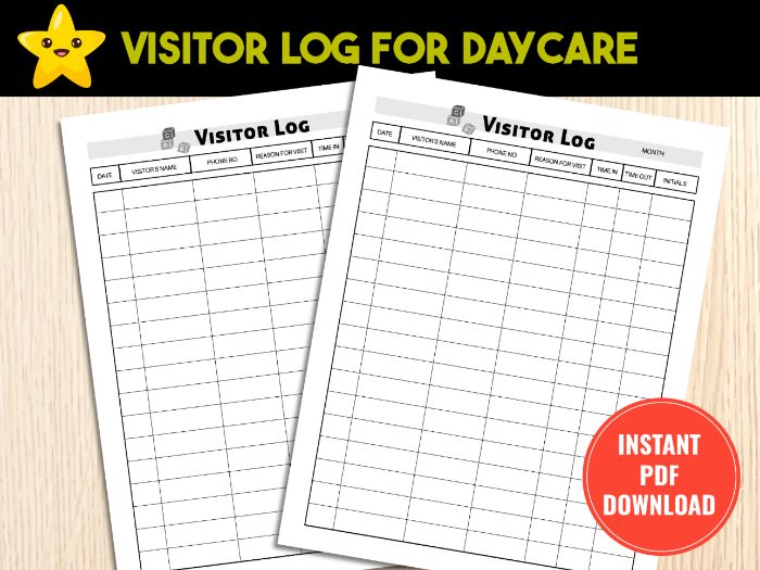 Daycare Visitor Log Printable | Sign-In Sheet for Childcare, Nursery, Childminders