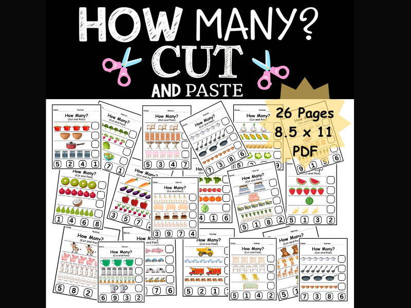 How Many? Fun Cut and Paste Counting Worksheets with Animals, Fruits, Vehicles & More
