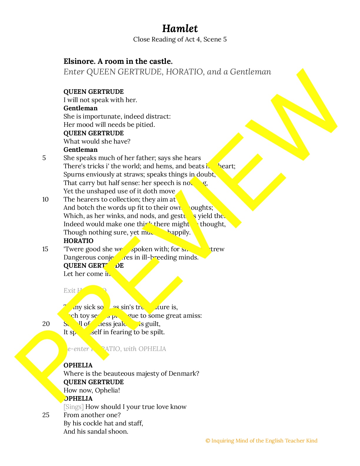 Hamlet Close Reading Worksheet - Act 4.5 | Teaching Resources