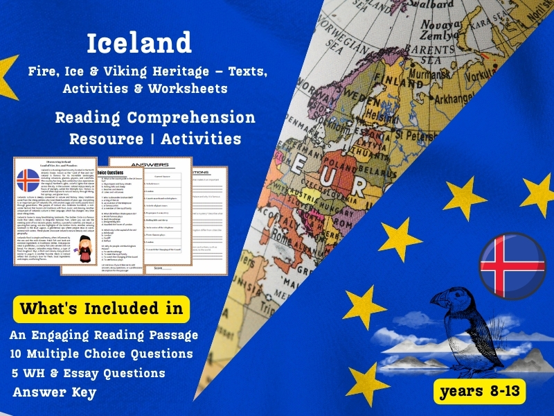 Iceland Reading Comprehension Pack: Fire, Ice & Viking Heritage – Texts, Activities & Worksheets