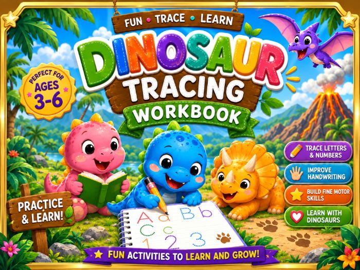 Dinosaur Tracing Worksheets | Letters, Numbers & Fine Motor Practice | Preschool–Kindergarten