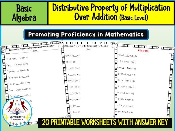 Distributive Property of Multiplication over Addition on Multiple Format Worksheets Math Problems