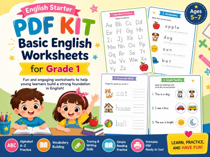 English Starter PDF Kit: Basic English Worksheets for Grade 1