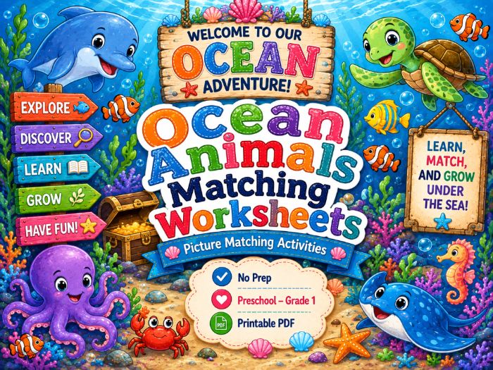 Ocean Animals Matching Worksheets | Sea Life Activities | Preschool–Grade 1