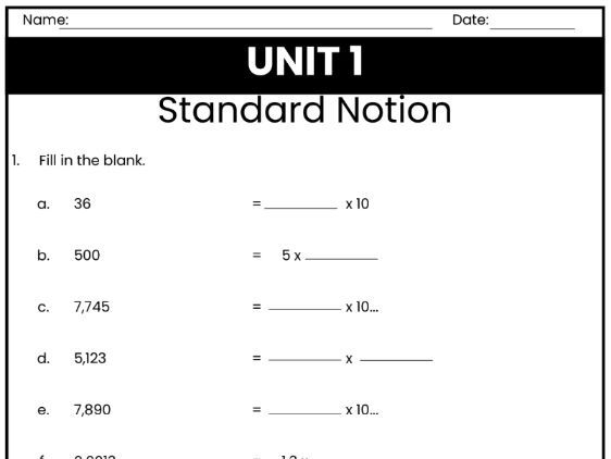 IB Math AI Worksheet 1.1 - Standard Notation