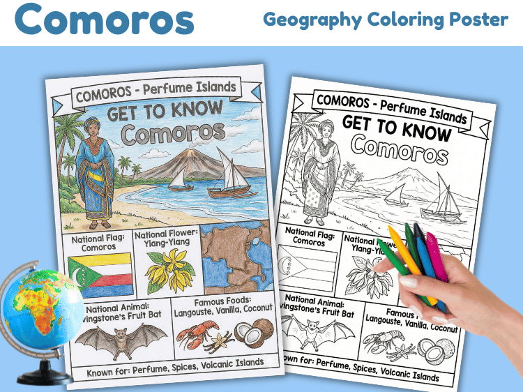 Comoros Geography Coloring Poster | Country Facts & Symbols