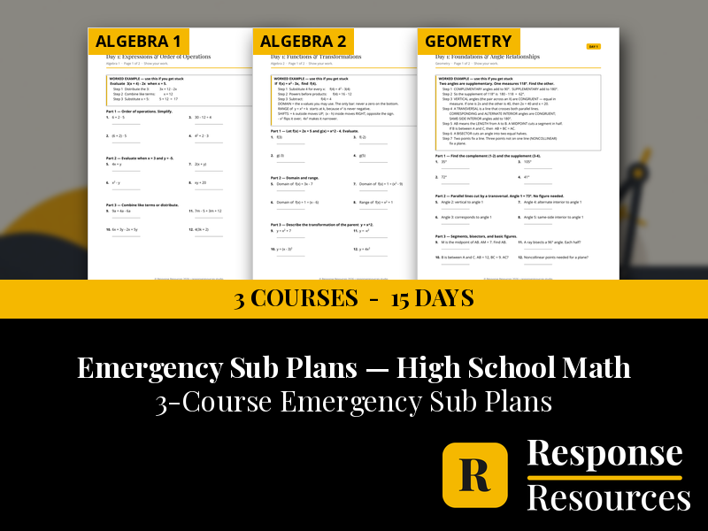 High School Math Emergency Sub Plans BUNDLE - 3 Courses, 15 Days No Prep