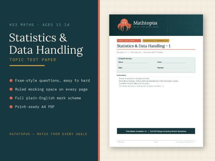 KS3 Statistics and Data Handling Test Paper with Mark Scheme (44 marks, ages 11-14)
