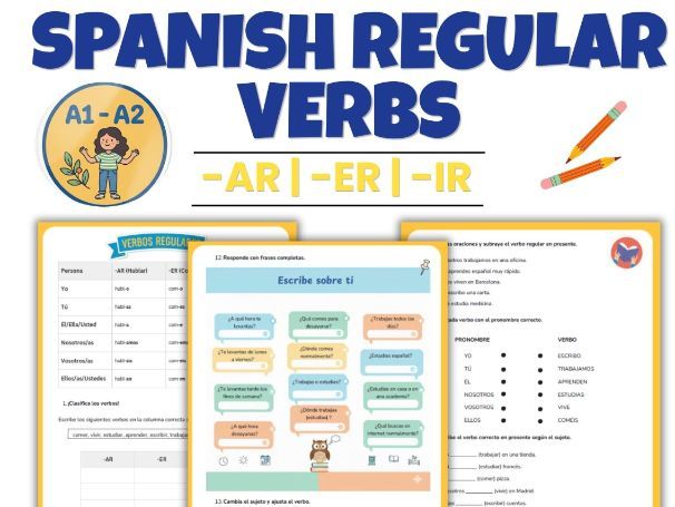 Spanish 1 Present Tense Worksheets | Regular AR ER IR Verbs Activities A1 - A2