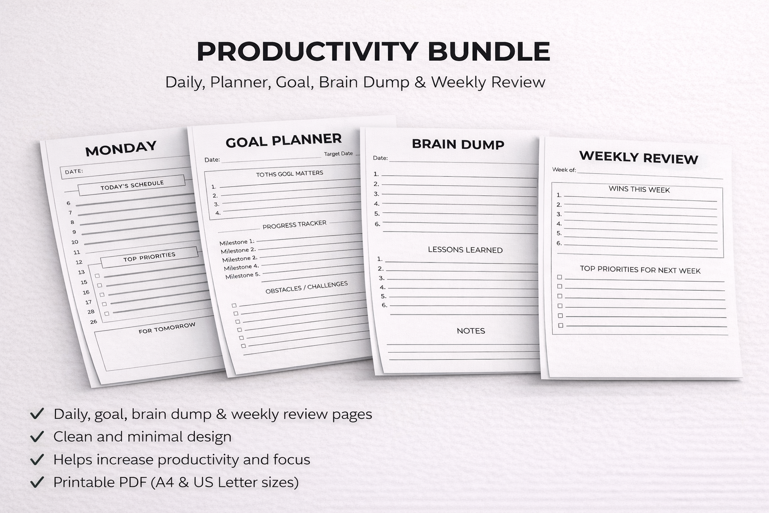 Productivity Planner Bundle for Students – Daily Planning, Goal Setting & Weekly Review Worksheets