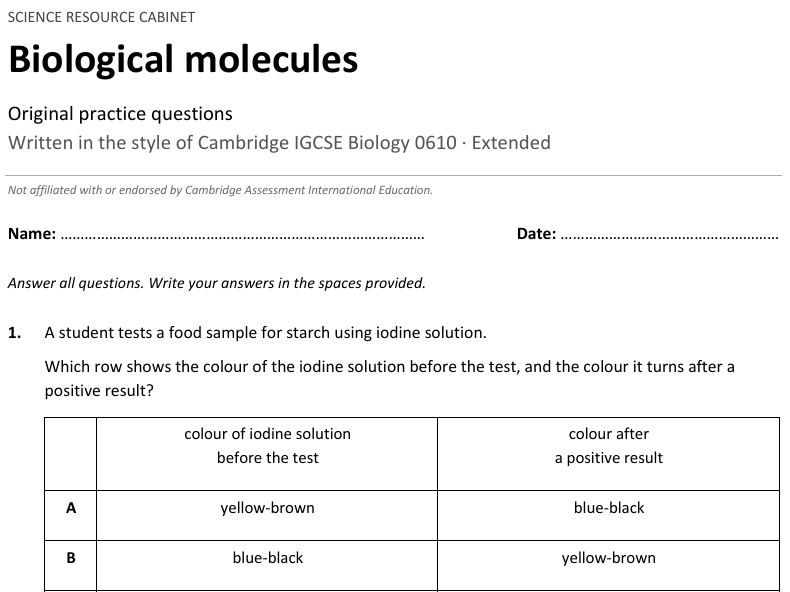 IGCSE Biol: Biological Molecules Exam Practice