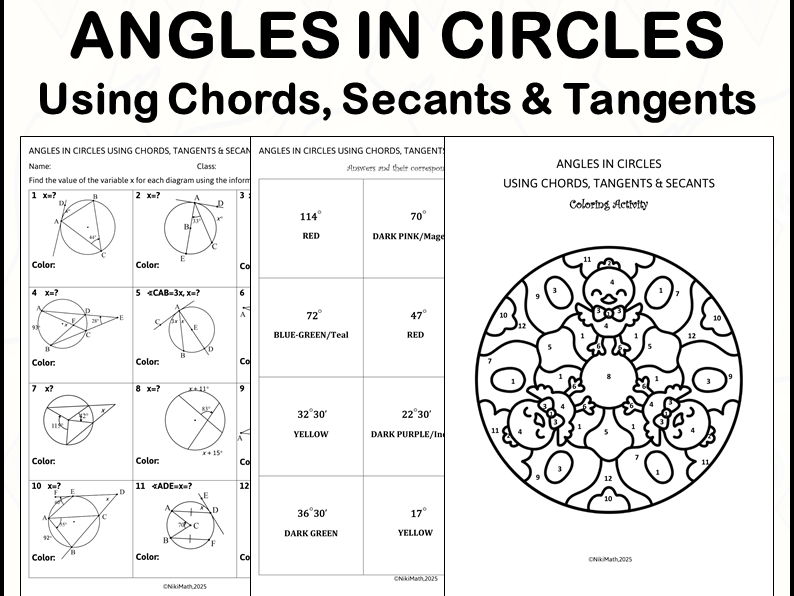 Angles in Circles Using Chords, Tangents and Secants - Color by Code