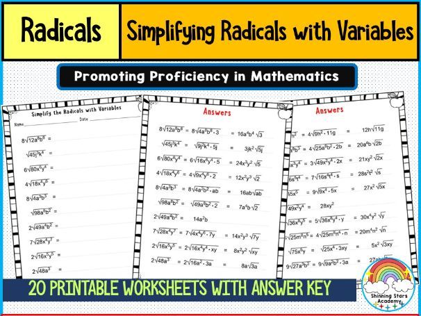 Simplifying Radicals – With Variables Worksheets | Algebraic Radical Simplification Practice