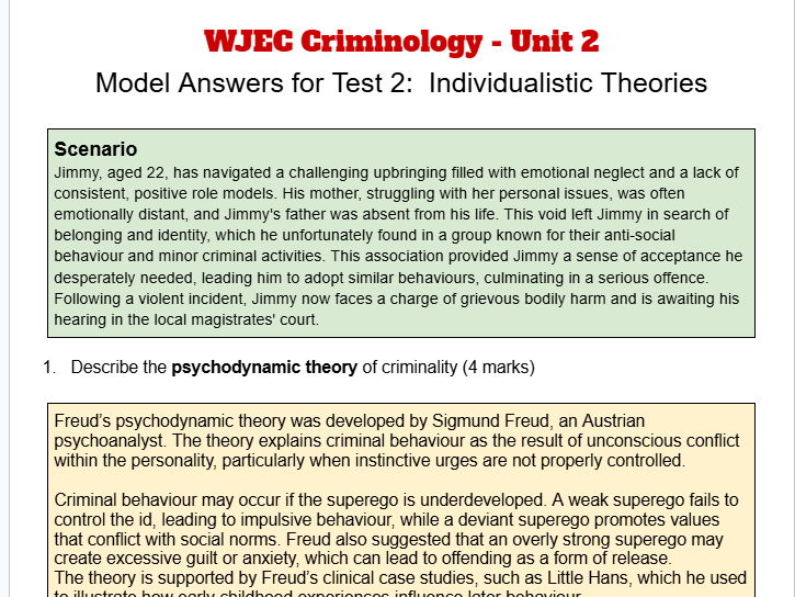 WJEC Criminology Unit 2 – Individualistic Theories Class Test with Model Answers