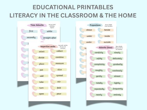 English Word Mats Printable | Adverbs, Prepositions, Time Adverbs & Imperative Verbs | Literacy Writ