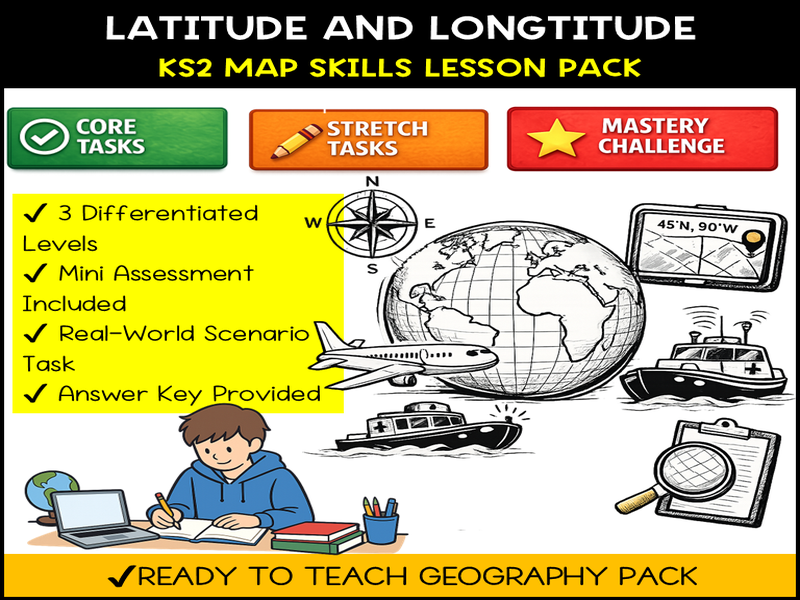 KS2 Latitude & Longitude Worksheets | Differentiated Map Skills Lesson Pack + Assessment