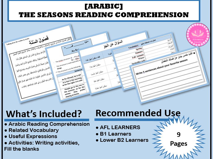 Arabic Seasons & Weather Reading Comprehension Worksheet | Vocabulary & Writing for AFL learners