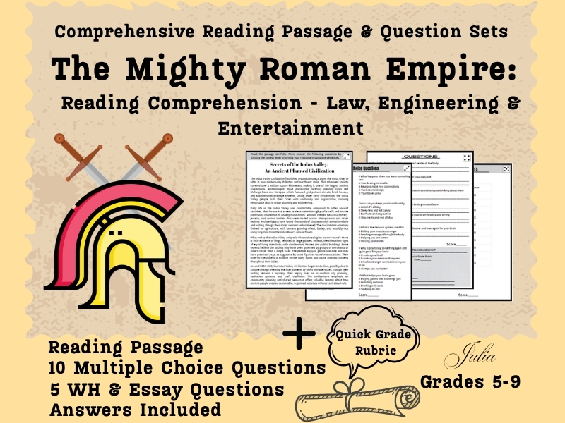 The Mighty Roman Empire: Reading Comprehension - Law, Engineering & Entertainment | Worksheets