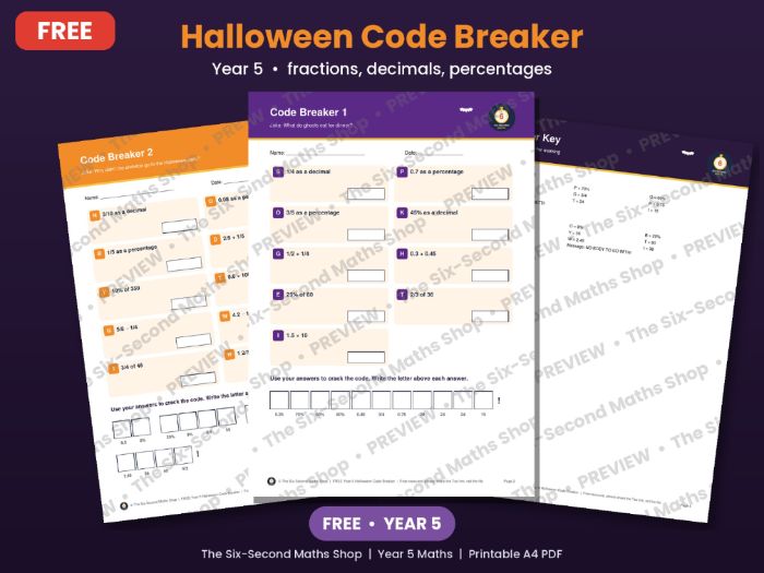 FREE Year 5 Halloween Maths Code Breaker | Fractions, Decimals and Percentages