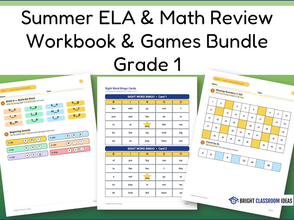 Summer ELA & Math Review Workbook & Games Bundle | Grade 1