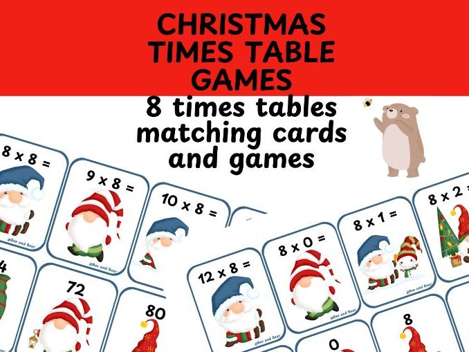 8 times table card games Christmas themed