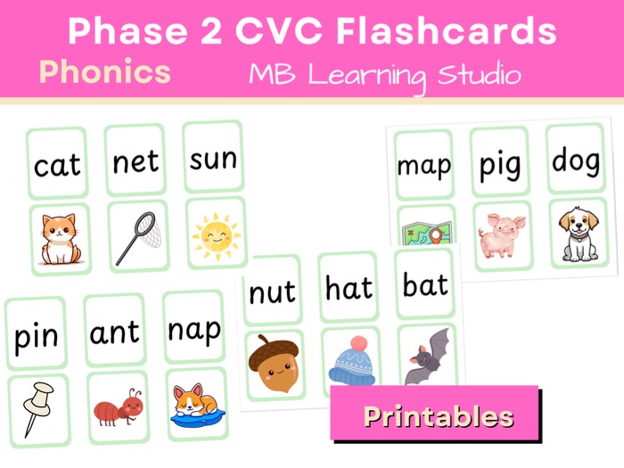 Phase 2 CVC Word and Picture Matching Flashcards – Phonics Pairs Activity