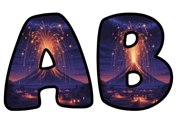 Volcano Town Night Time Alphabet Lettering Set | Classroom Display | Upper & Lowercase, 0-9