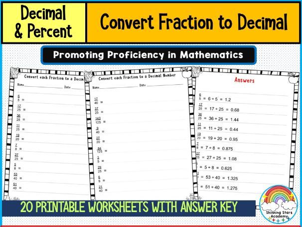 Convert Fraction to Decimal Worksheets | Math Conversion Practice
