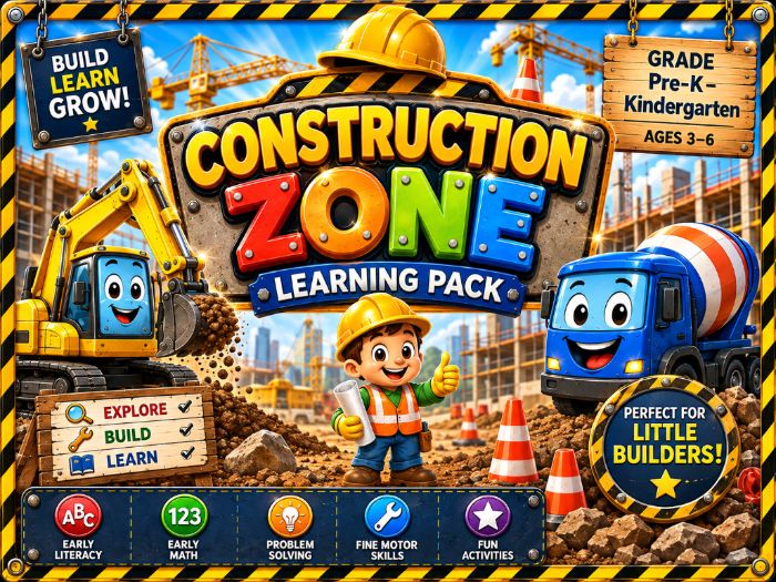 Construction Zone Learning Pack | Pre-K Kindergarten Math, Tracing & Vocabulary Activities