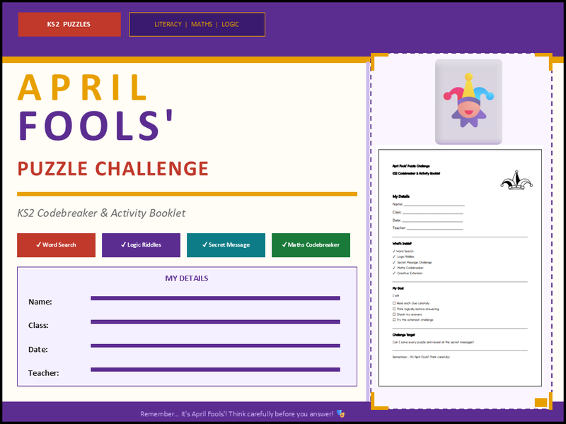 April Fools’ KS2 Activity Pack | Codebreaker, Word Search & Maths Challenge | Years 4–6