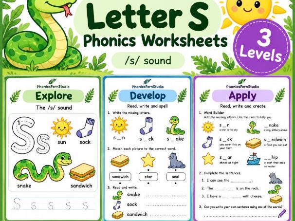 Letter S Phonics Worksheets | 3 Differentiated Levels