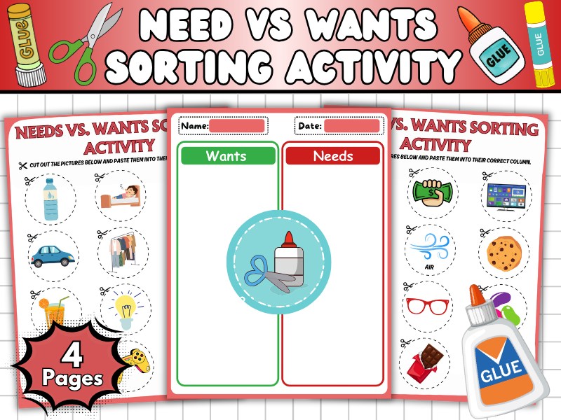 Needs vs. Wants Sorting Activity | Cut and Paste Activity | Needs and Wants Activity For Kids