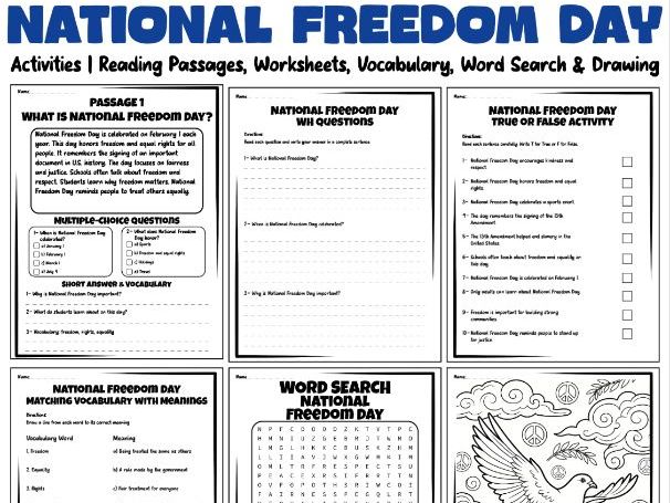National Freedom Day Activities | Reading Passages, Worksheets, Vocabulary, Word Search & Drawing